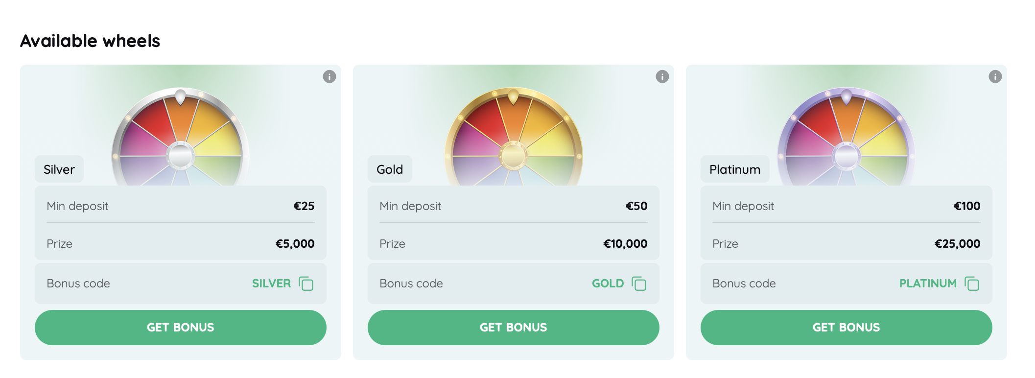 Rooli Casino Fortune Spins Glücksräder Silver, Gold und Platinum mit Bonuscodes