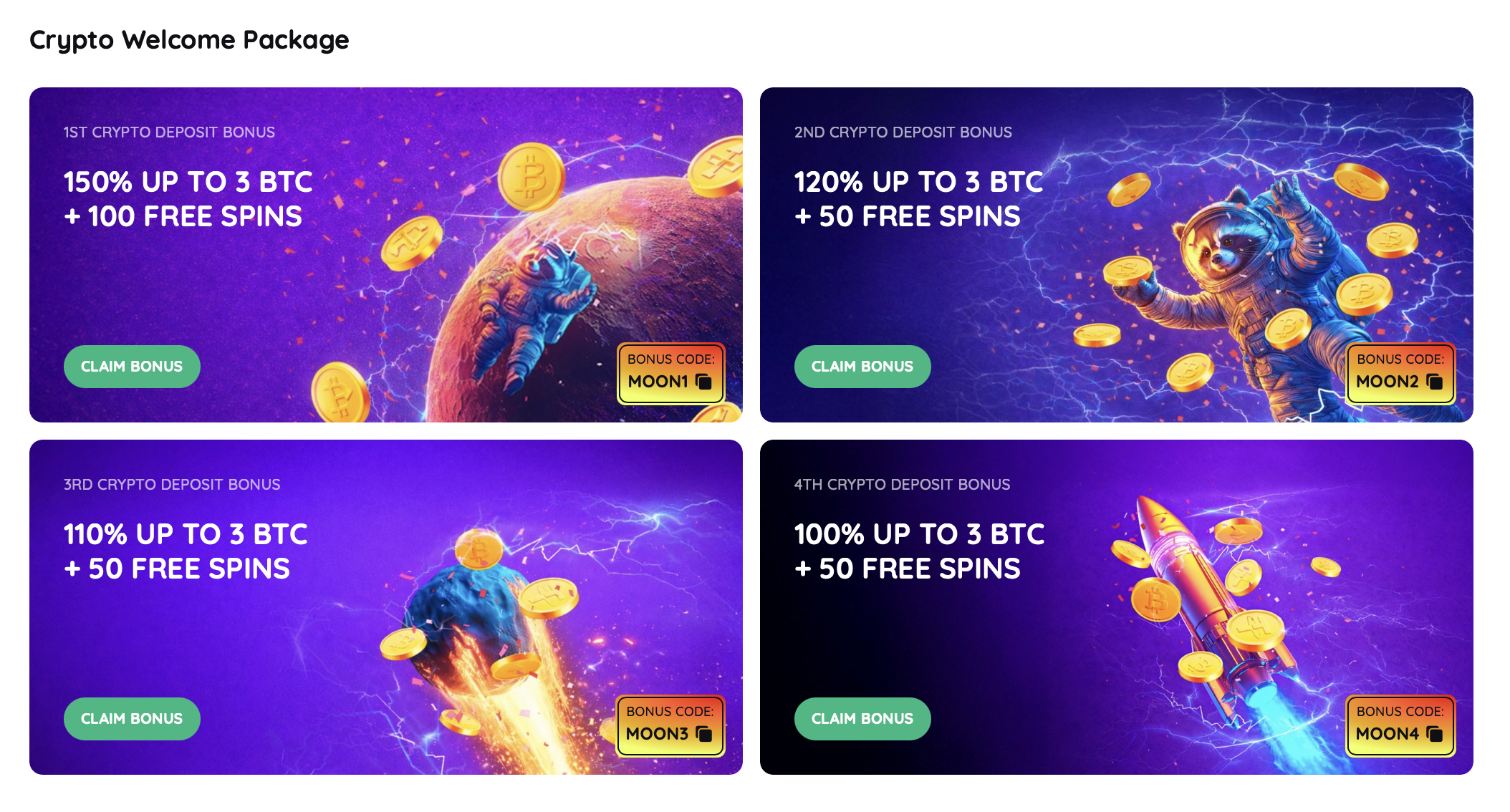Rooli Casino Krypto-Willkommenspaket mit Bonuscodes MOON1 bis MOON4 und bis zu 150 Prozent Bonus