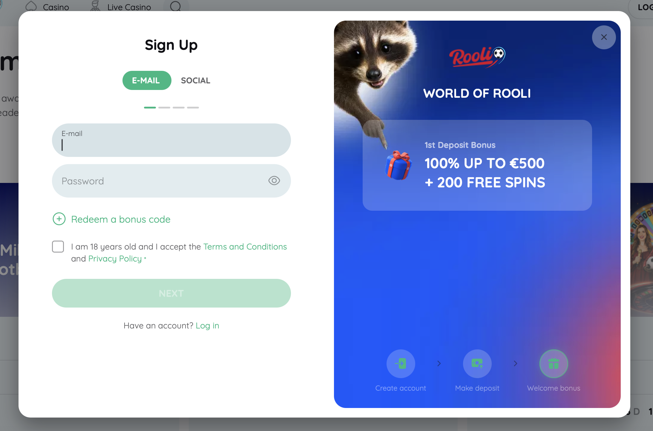Rooli Casino Registrierung mit E-Mail oder Google und Bonuscode-Feld im Anmeldefenster