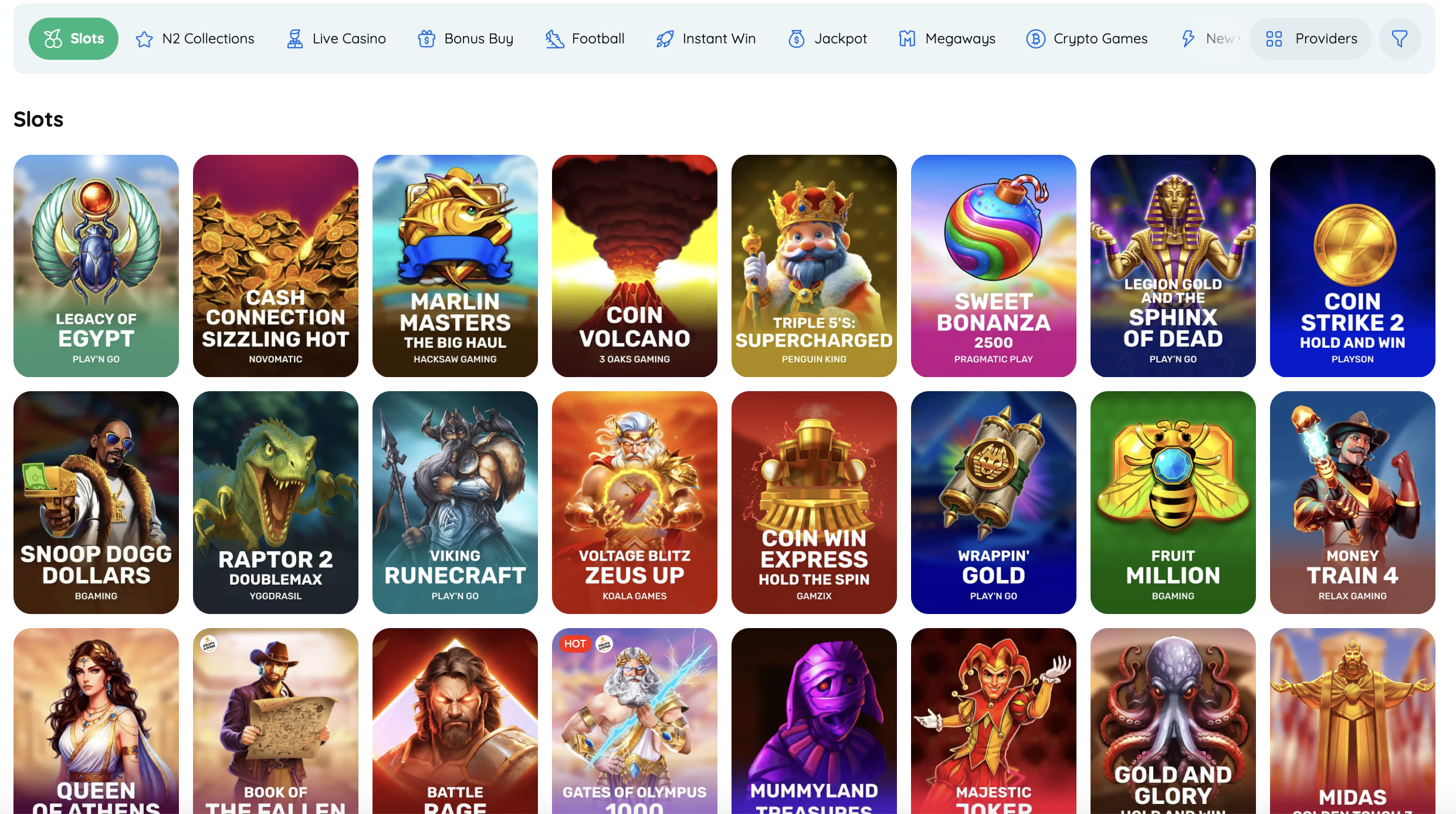 Rooli Casino Slots Lobby mit Titeln von Play'n GO, Pragmatic Play, Novomatic und Hacksaw Gaming