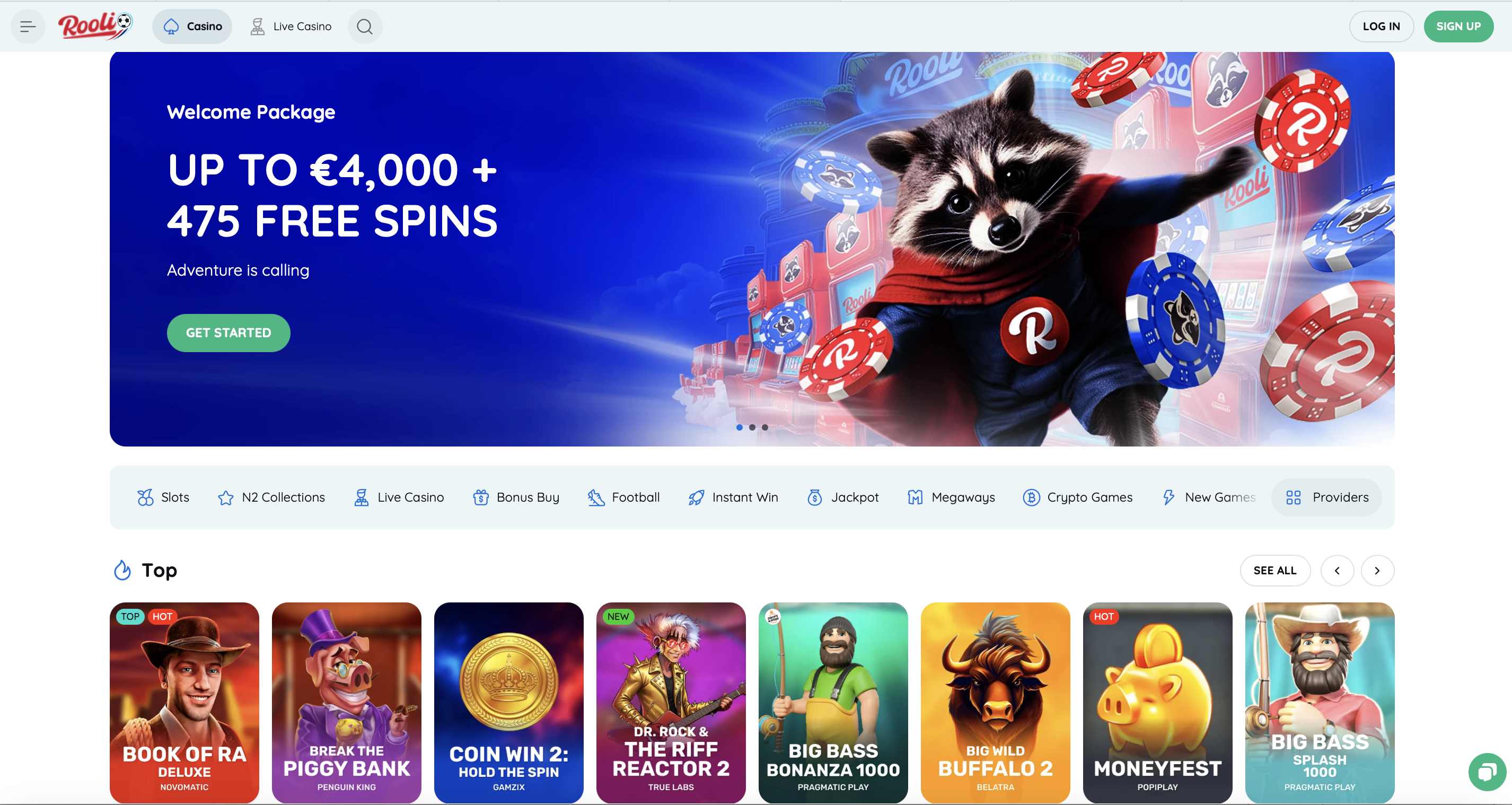 Rooli Casino Startseite mit Willkommenspaket bis 4.000 Euro und 475 Freispielen