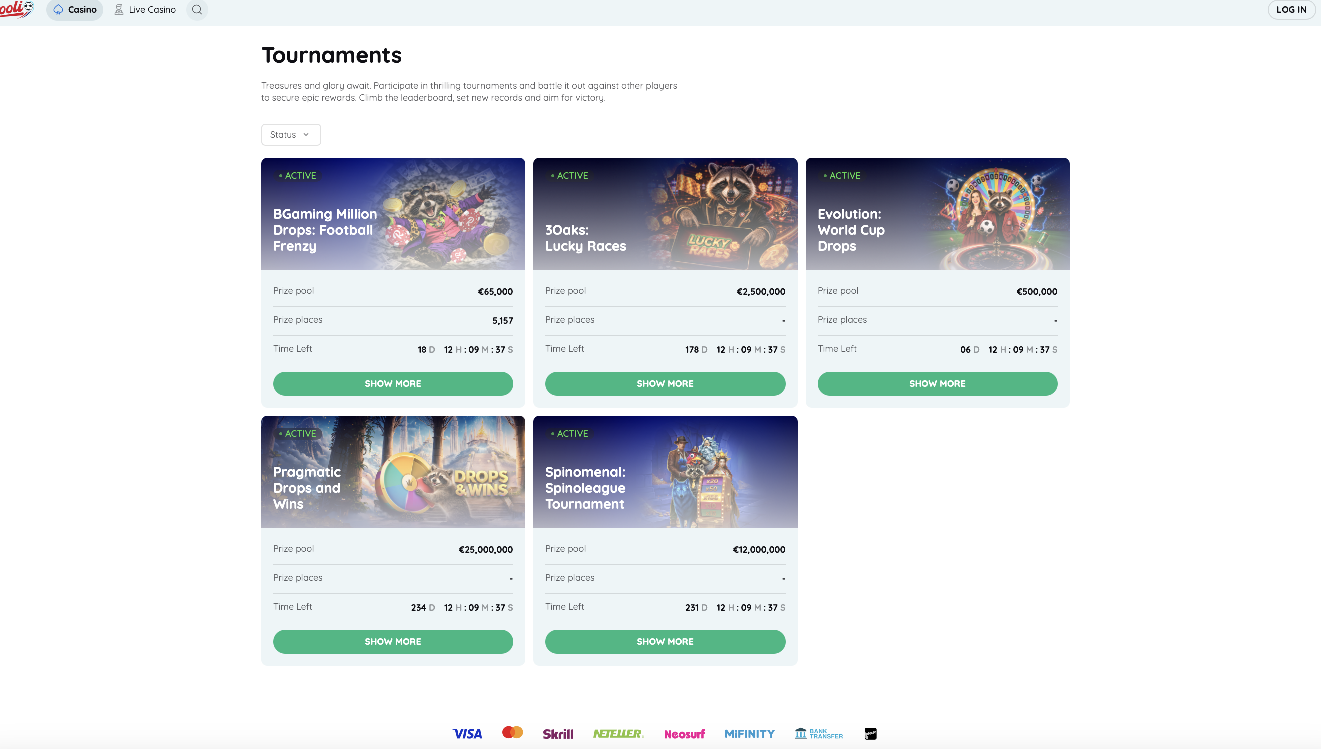 Rooli Casino Turniere mit Preispools von Pragmatic Play, Spinomenal und Evolution