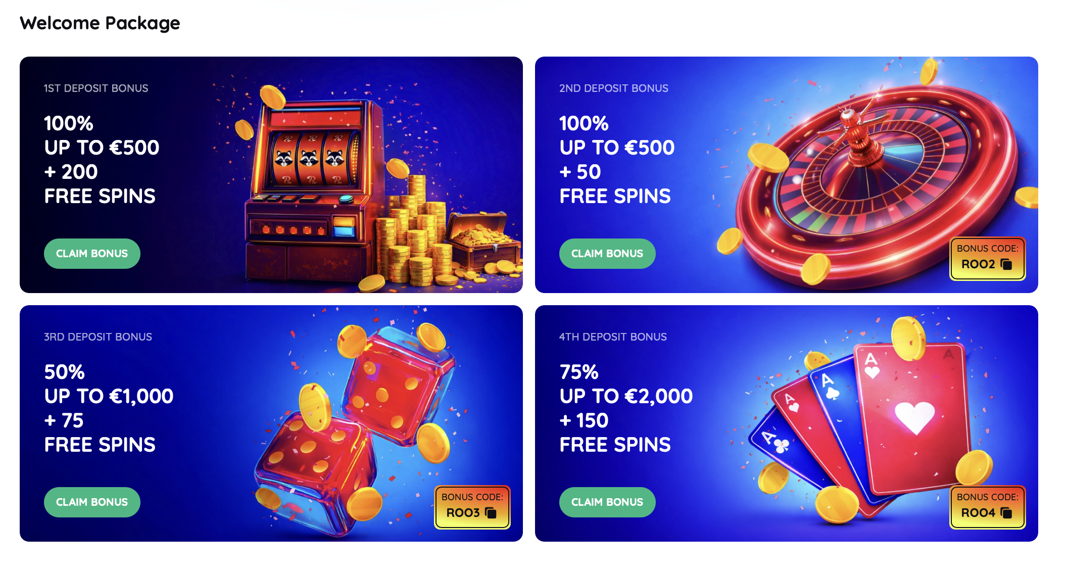 Rooli Casino Bonus Willkommenspaket mit vier Einzahlungsboni bis 4.000 Euro und 475 Freispielen